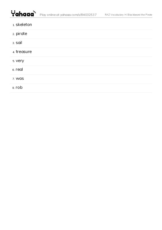 RAZ Vocabulary H: Blackbeard the Pirate PDF words glossary