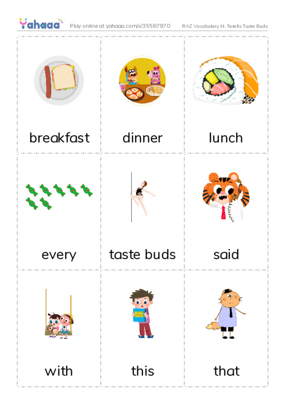 RAZ Vocabulary H: Terells Taste Buds PDF flaschards with images