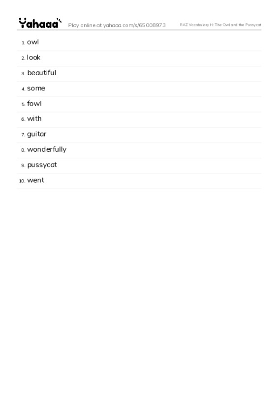 RAZ Vocabulary H: The Owl and the Pussycat PDF words glossary