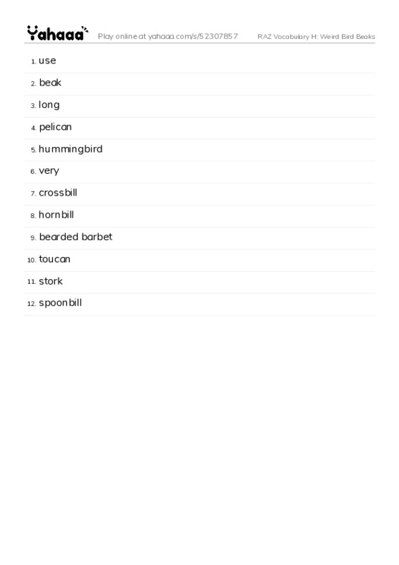 RAZ Vocabulary H: Weird Bird Beaks PDF words glossary