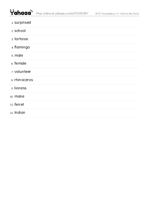 RAZ Vocabulary I: A Visit to the Zoo3 PDF words glossary