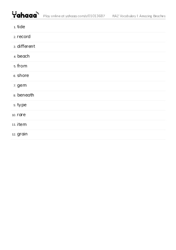 RAZ Vocabulary I: Amazing Beaches PDF words glossary