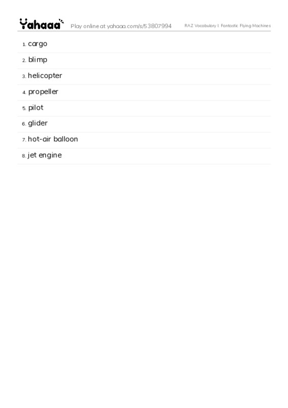 RAZ Vocabulary I: Fantastic Flying Machines PDF words glossary