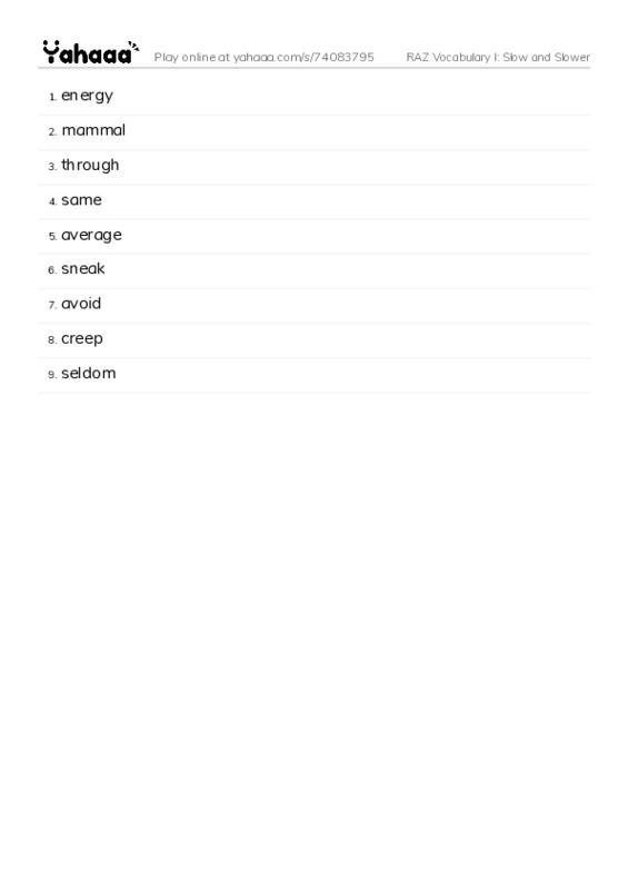 RAZ Vocabulary I: Slow and Slower PDF words glossary