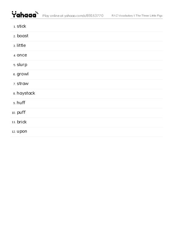 RAZ Vocabulary I: The Three Little Pigs PDF words glossary