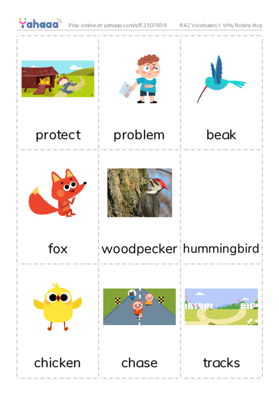 RAZ Vocabulary I: Why Robins Hop PDF flaschards with images