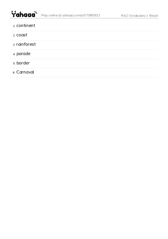 RAZ Vocabulary J: Brazil PDF words glossary