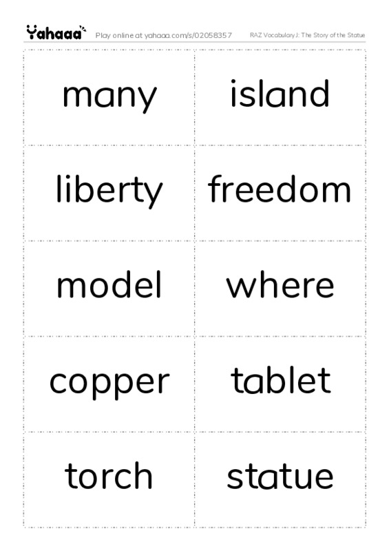 RAZ Vocabulary J: The Story of the Statue PDF two columns flashcards