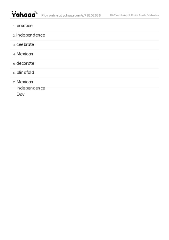 RAZ Vocabulary K: Marias Family Celebration PDF words glossary