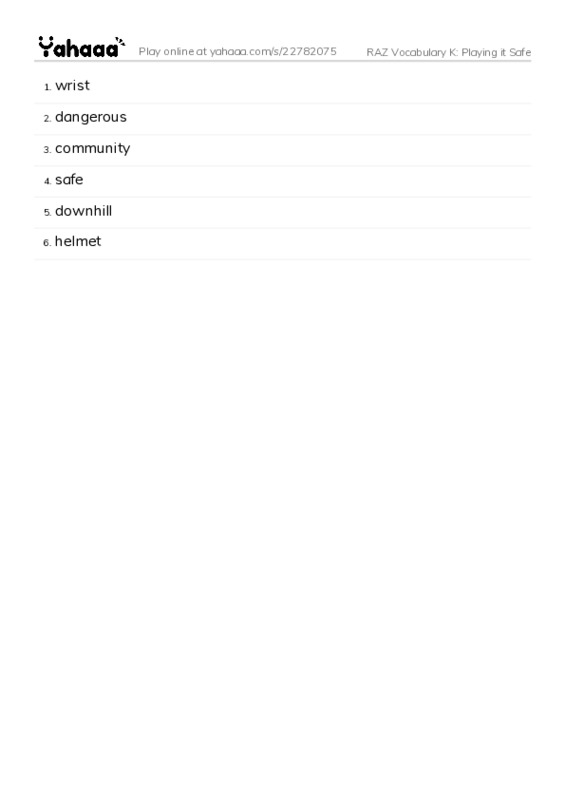 RAZ Vocabulary K: Playing it Safe PDF words glossary