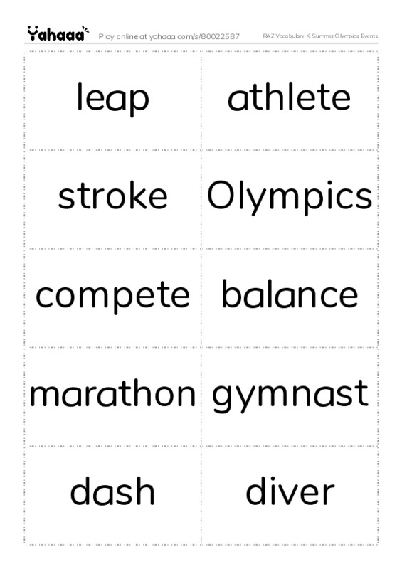 RAZ Vocabulary K: Summer Olympics Events PDF two columns flashcards