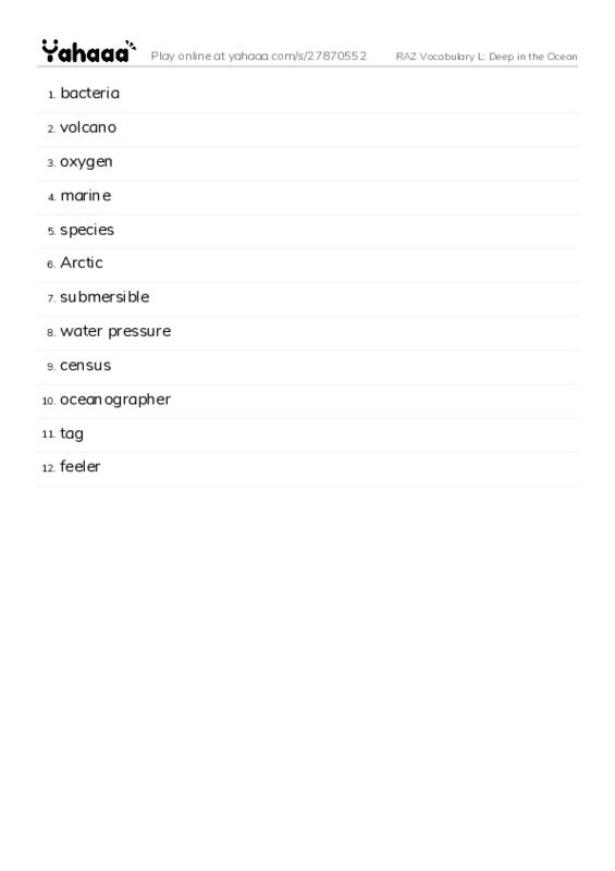 RAZ Vocabulary L: Deep in the Ocean PDF words glossary