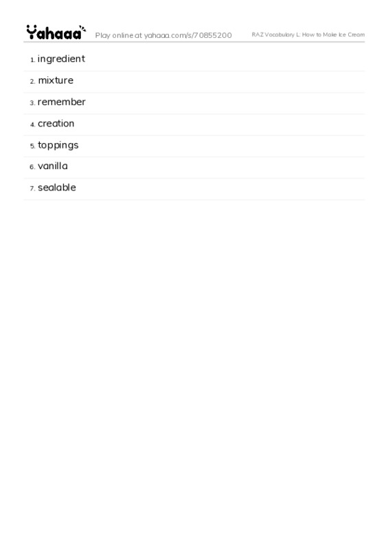 RAZ Vocabulary L: How to Make Ice Cream PDF words glossary