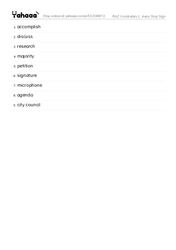 RAZ Vocabulary L: Joeys Stop Sign PDF words glossary