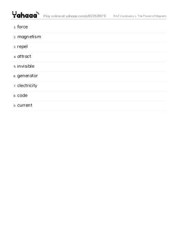 RAZ Vocabulary L: The Power of Magnets PDF words glossary