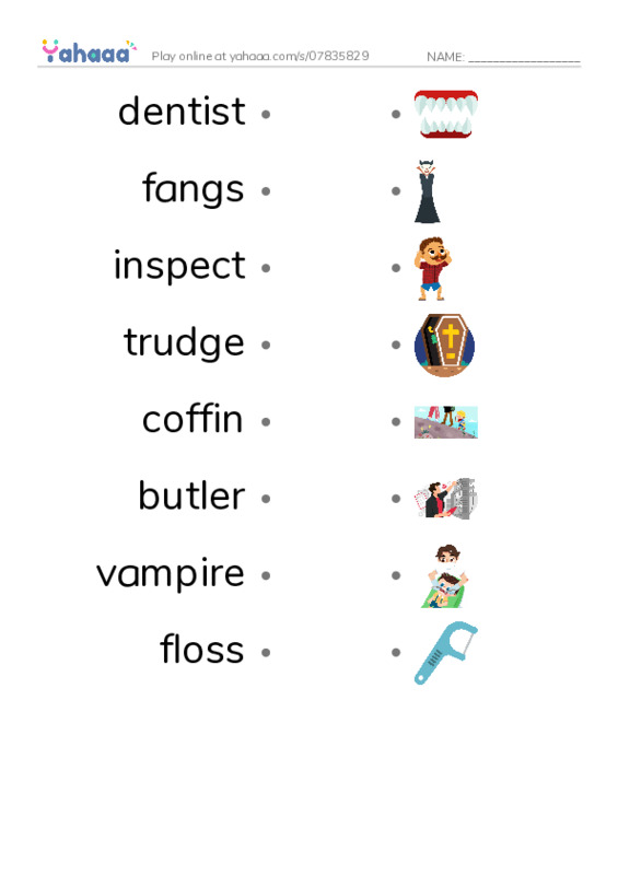 RAZ Vocabulary L: The Vampire Dentist PDF link match words worksheet