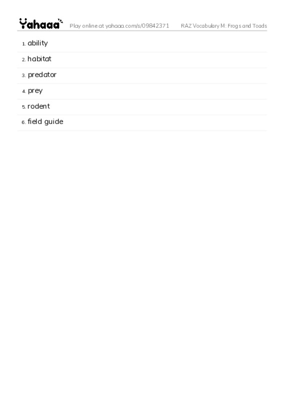 RAZ Vocabulary M: Frogs and Toads PDF words glossary