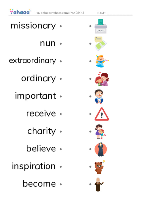 RAZ Vocabulary M: Mother Teresa Mother to Many PDF link match words worksheet