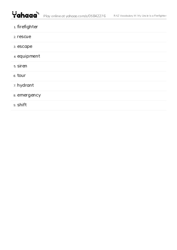 RAZ Vocabulary M: My Uncle Is a Firefighter PDF words glossary