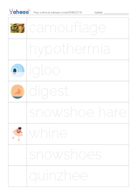RAZ Vocabulary M: Snow Camping PDF one column image words