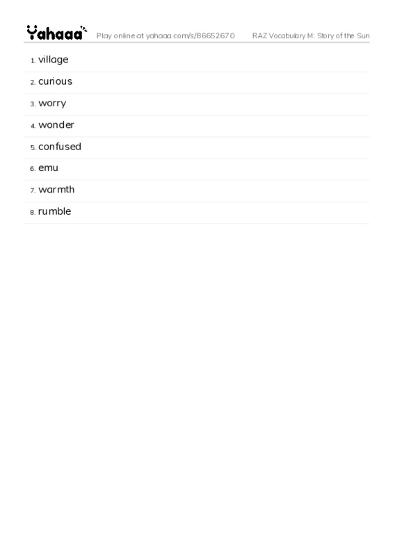 RAZ Vocabulary M: Story of the Sun PDF words glossary