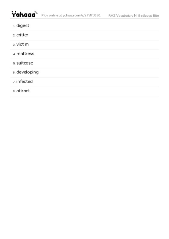 RAZ Vocabulary N: Bedbugs Bite PDF words glossary
