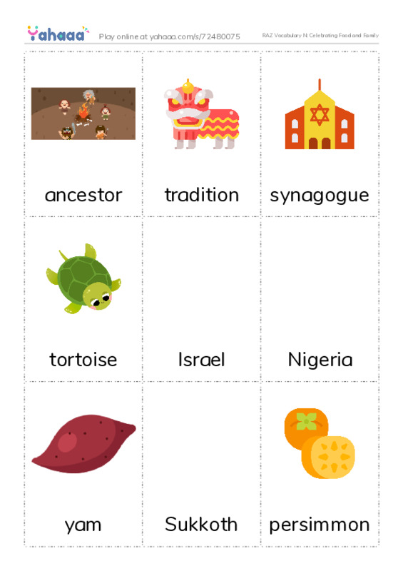 RAZ Vocabulary N: Celebrating Food and Family PDF flaschards with images
