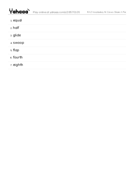 RAZ Vocabulary N: Crows Share A Pie PDF words glossary