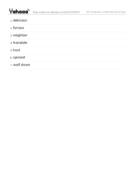 RAZ Vocabulary O: Little Reds Secret Sauce PDF words glossary