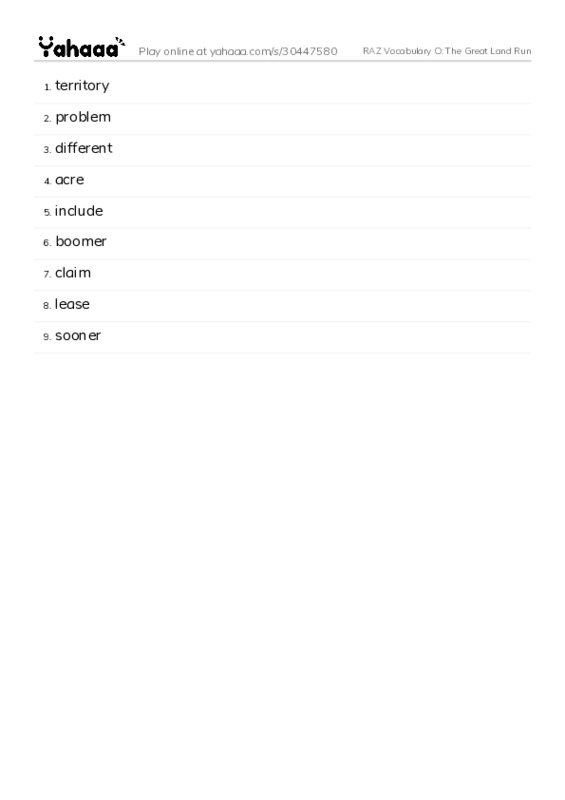 RAZ Vocabulary O: The Great Land Run PDF words glossary