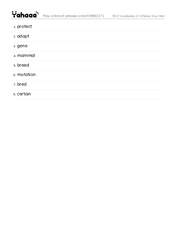 RAZ Vocabulary O: Wheres Your Hair PDF words glossary