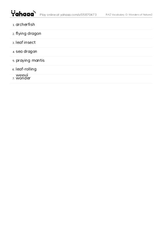 RAZ Vocabulary O: Wonders of Nature2 PDF words glossary