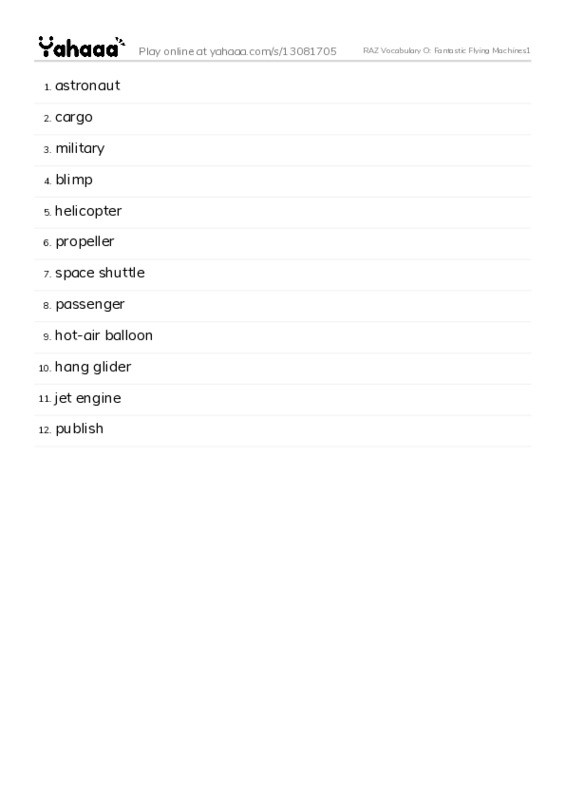 RAZ Vocabulary O: Fantastic Flying Machines1 PDF words glossary