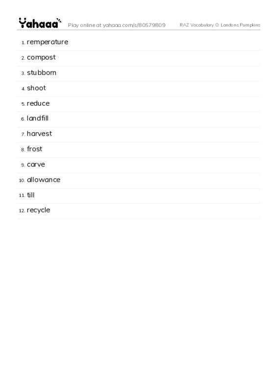 RAZ Vocabulary O: Landons Pumpkins PDF words glossary