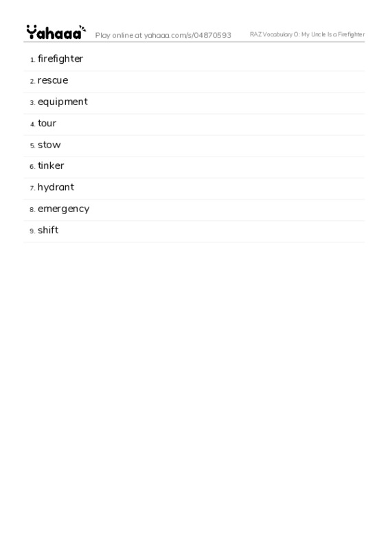 RAZ Vocabulary O: My Uncle Is a Firefighter PDF words glossary