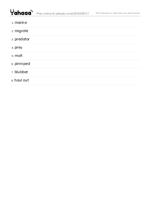 RAZ Vocabulary O: Seals Sea Lions and Walruses PDF words glossary