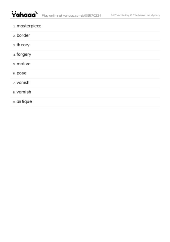 RAZ Vocabulary O: The Mona Lisa Mystery PDF words glossary