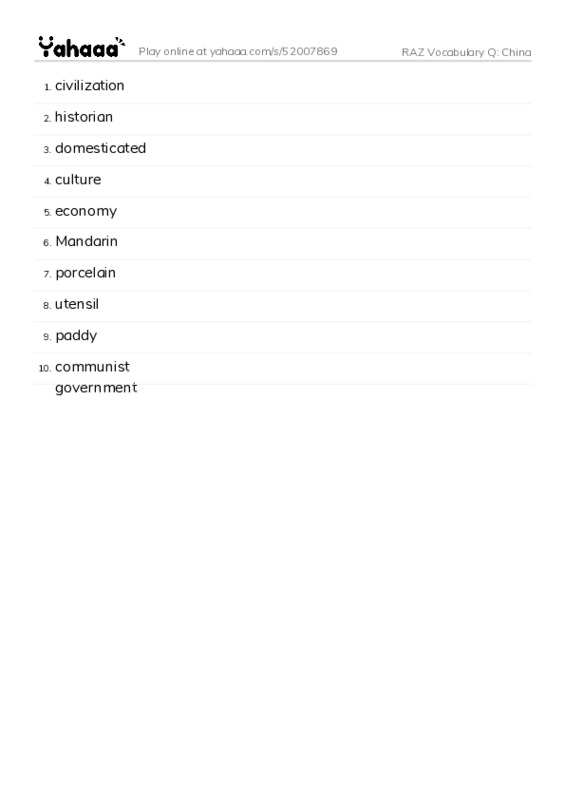 RAZ Vocabulary Q: China PDF words glossary