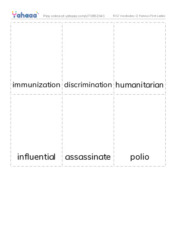 RAZ Vocabulary Q: Famous First Ladies PDF flaschards with images