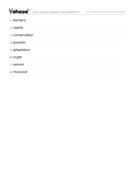 RAZ Vocabulary Q: Komodo Dragons Giant Reptiles PDF words glossary