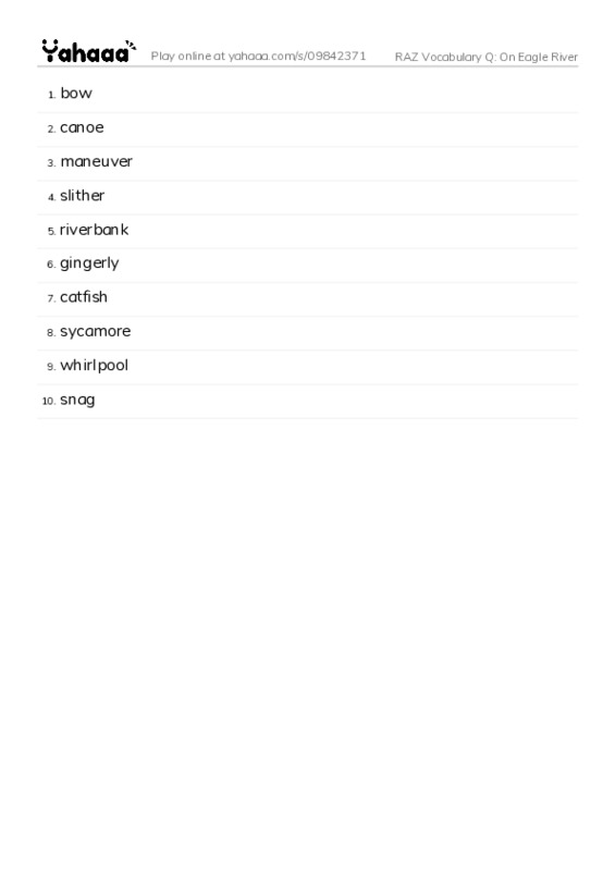 RAZ Vocabulary Q: On Eagle River PDF words glossary