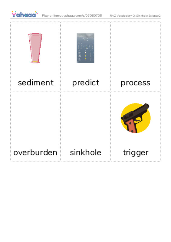 RAZ Vocabulary Q: Sinkhole Science2 PDF flaschards with images