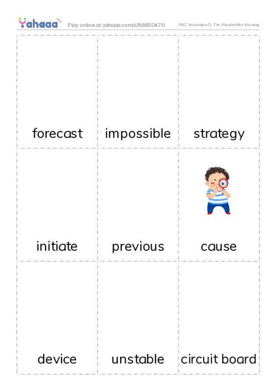 RAZ Vocabulary Q: The WeatherBot Warning PDF flaschards with images