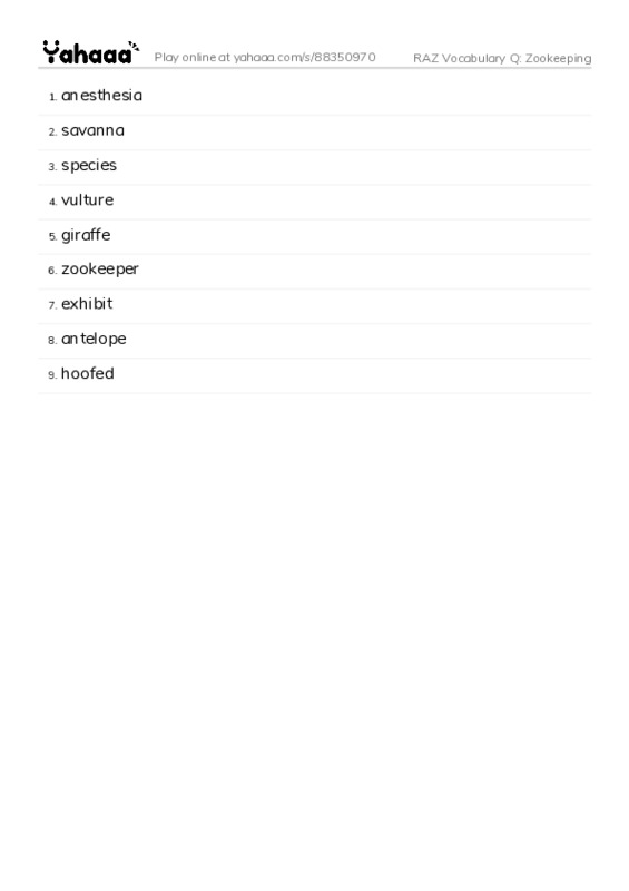 RAZ Vocabulary Q: Zookeeping PDF words glossary