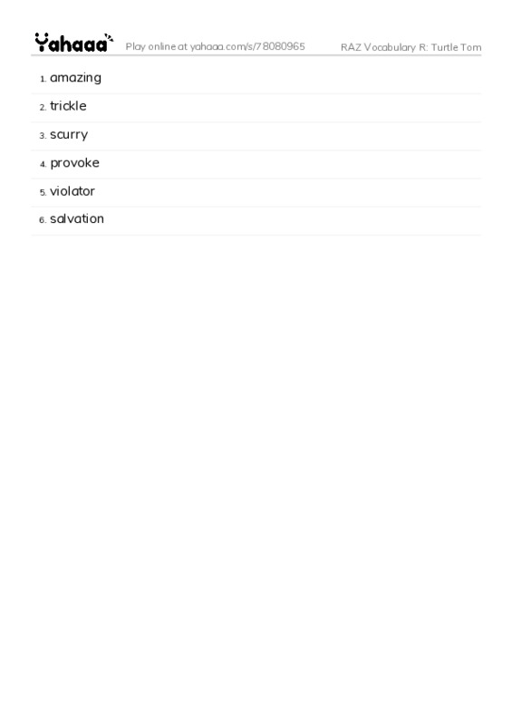 RAZ Vocabulary R: Turtle Tom PDF words glossary
