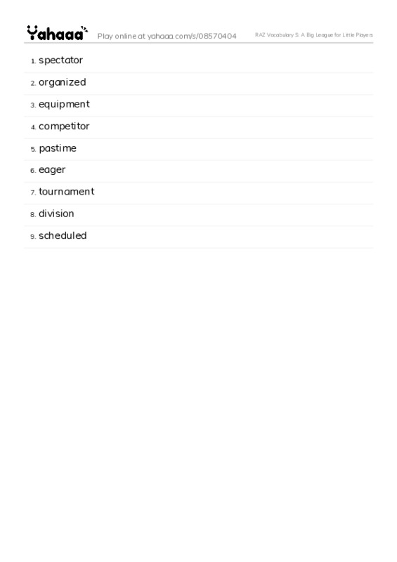 RAZ Vocabulary S: A Big League for Little Players PDF words glossary