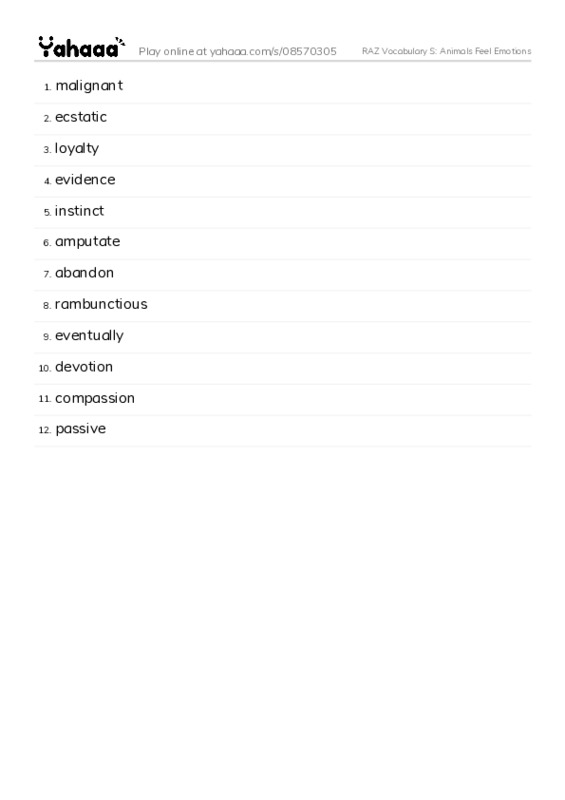 RAZ Vocabulary S: Animals Feel Emotions PDF words glossary