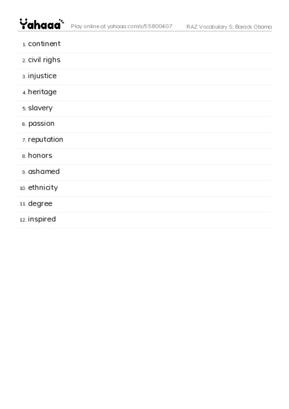 RAZ Vocabulary S: Barack Obama PDF words glossary