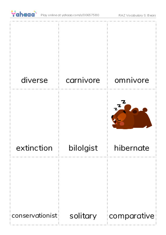 RAZ Vocabulary S: Bears PDF flaschards with images