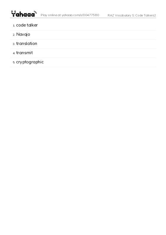 RAZ Vocabulary S: Code Talkers2 PDF words glossary